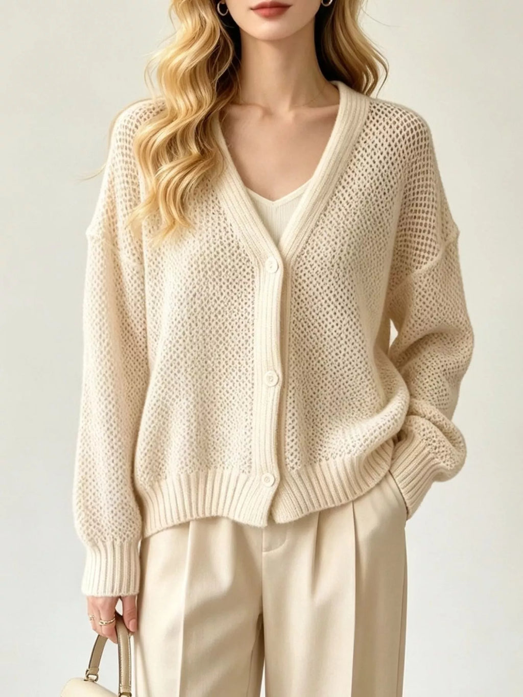 V-Neck Open-Knit Button-Down Cardigan