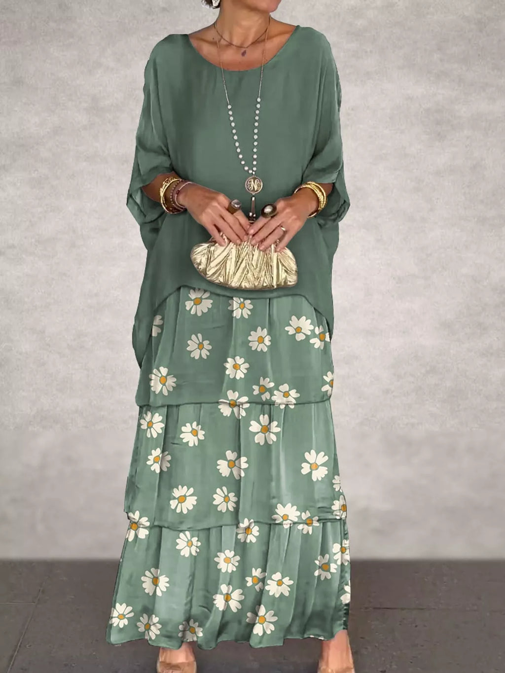 Full Size Layered Batwing Sleeve Maxi Dress Plus Size