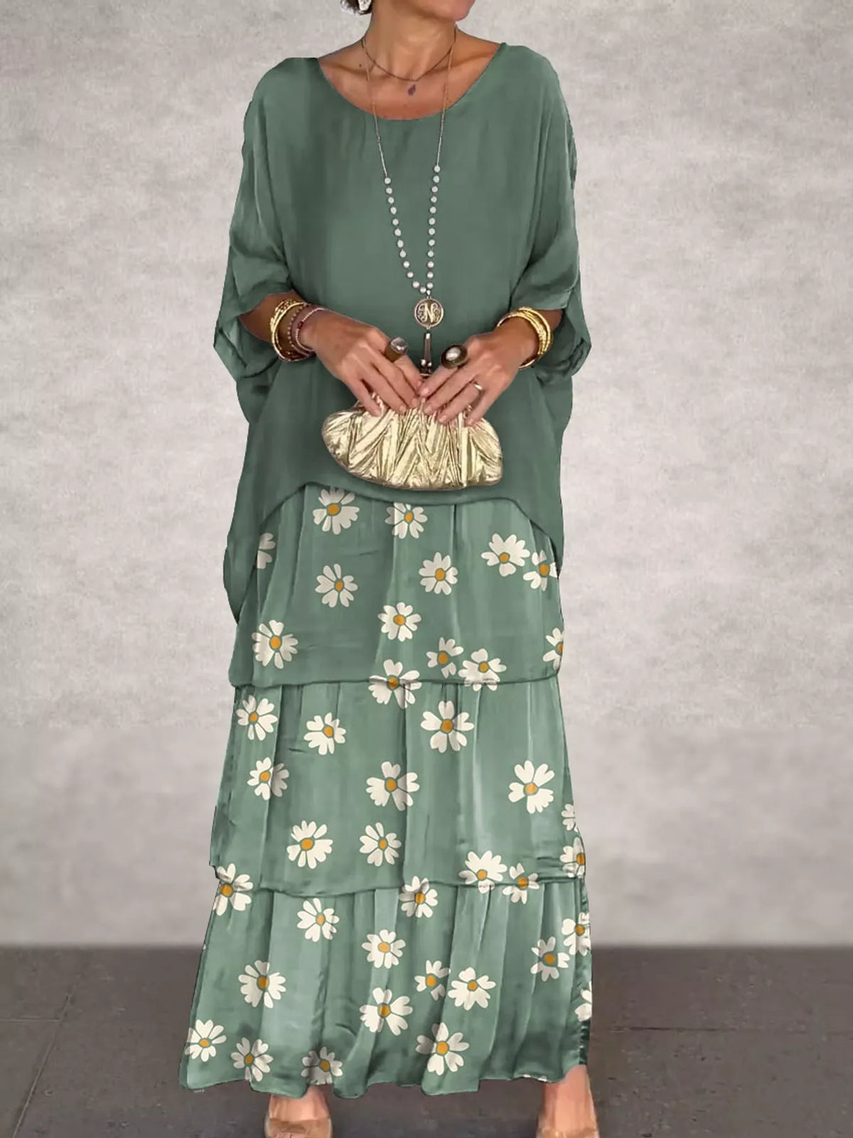 Full Size Layered Batwing Sleeve Maxi Dress Plus Size