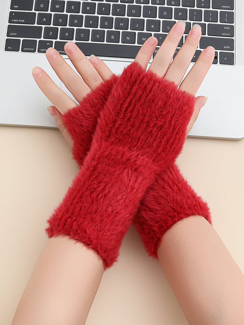 3 Needle Faux Fur Yarn Autumn Winter Fuzzy Knit Short Warm Gloves Arm Warmer For Girls Women Daily Party Work