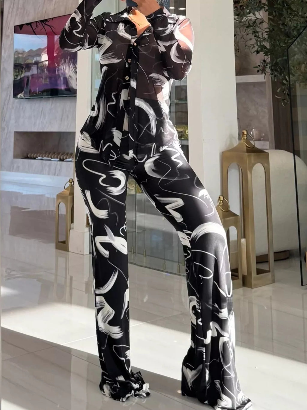 Printed Mesh Shirt and Pants Set