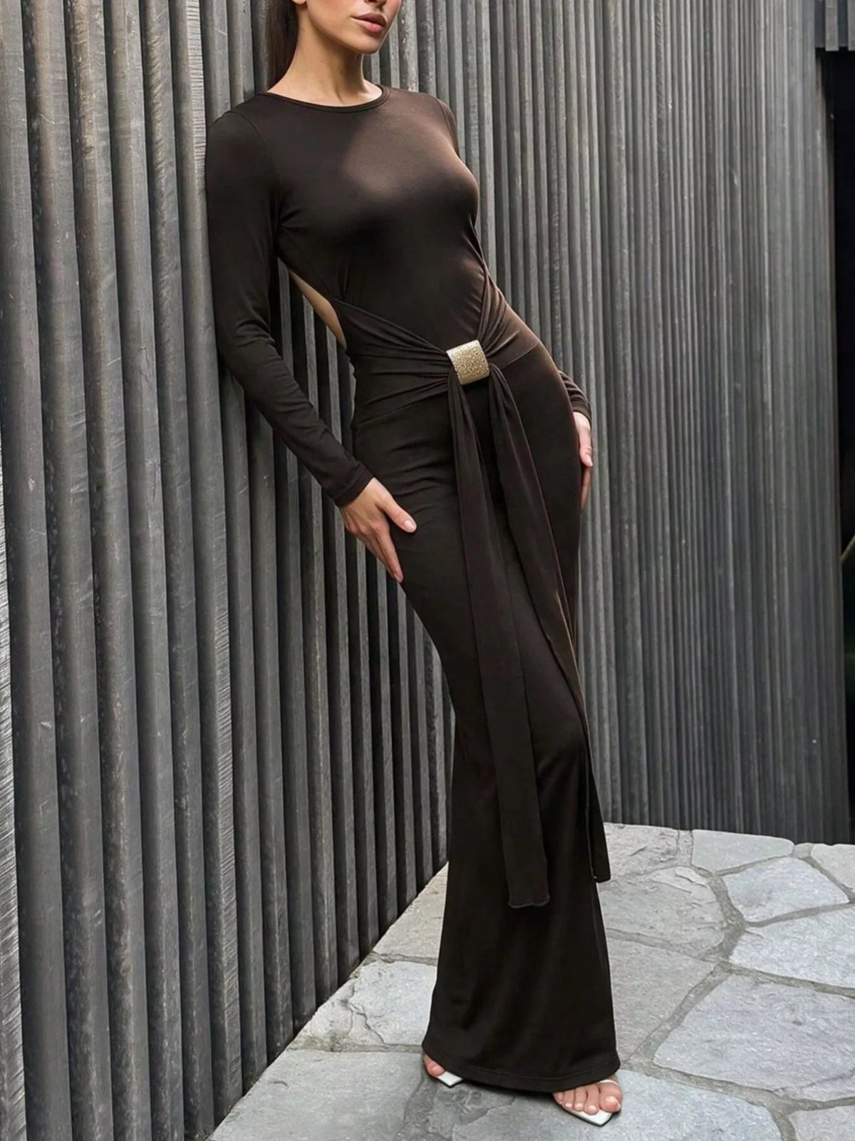 Backless Long-Sleeve Bodycon Maxi Dress with Gold-Tone Waist Buckle