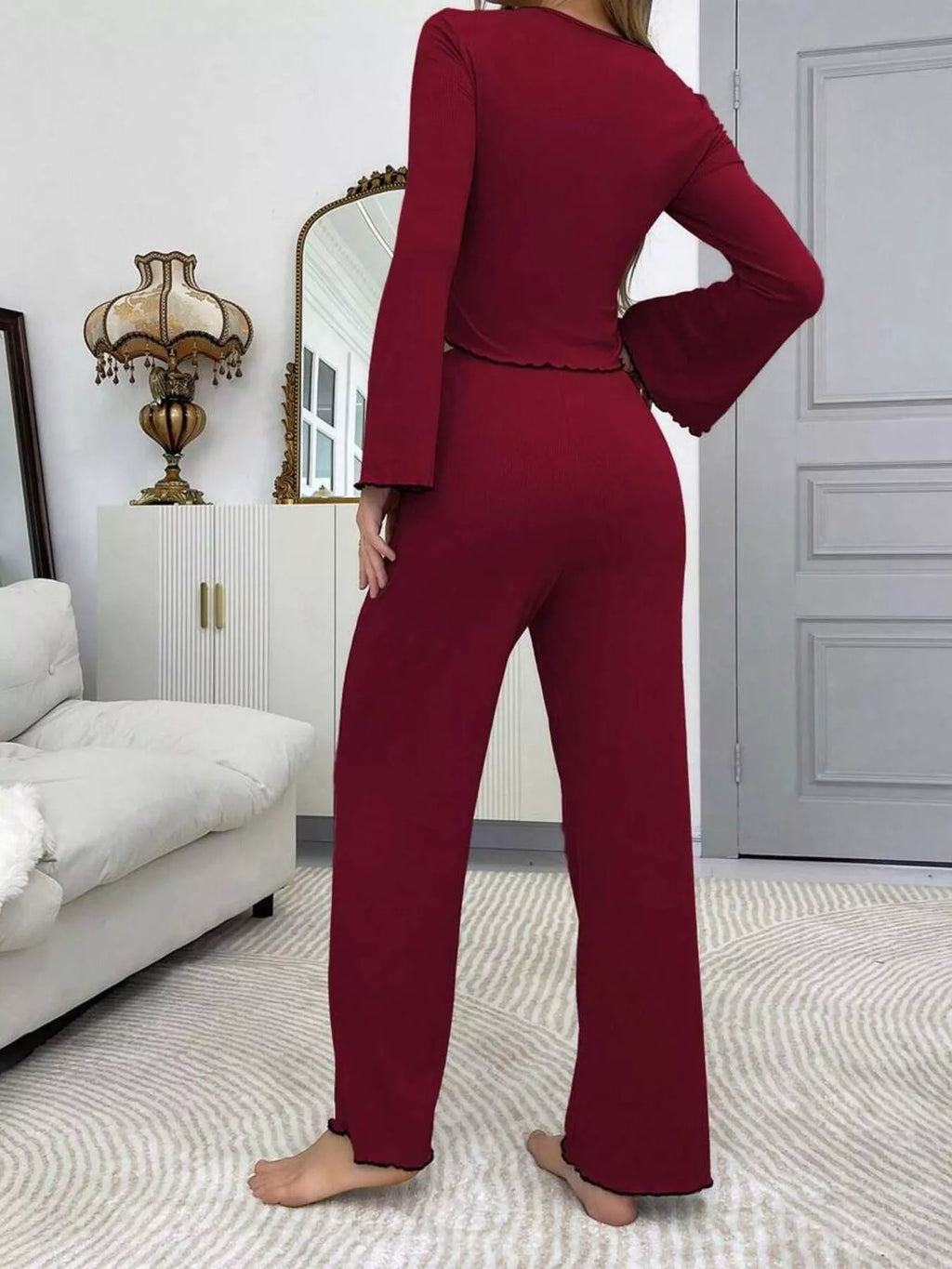 Lace Detail Flare Sleeves Top and Pants Lounge Set