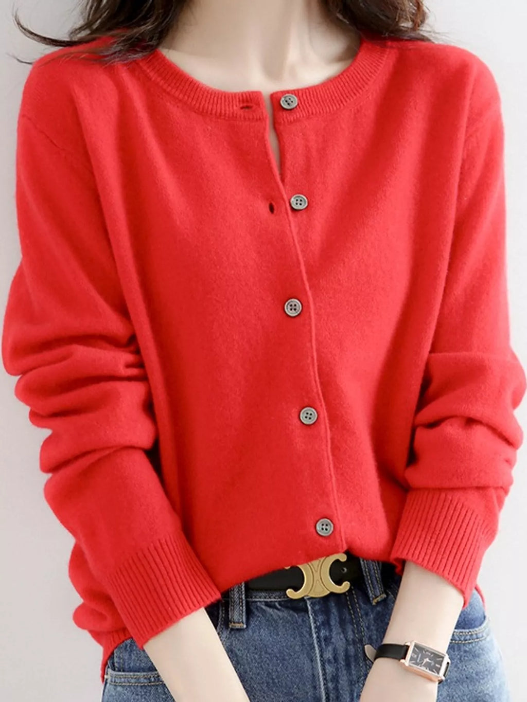 Crew-Neck Button-Down Cardigan
