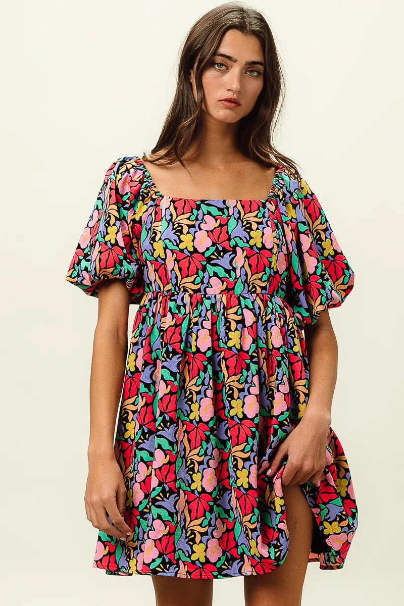 BiBi Floral Print Puff Square Neck Dress
