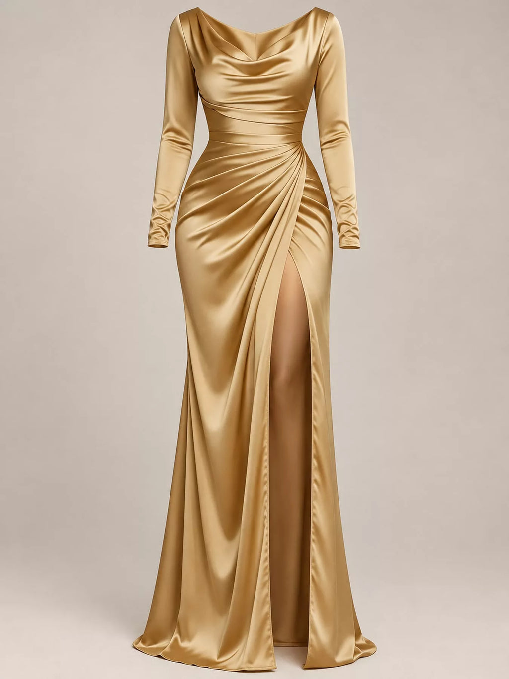 Full Size Satin Cowl Neck High Slit Evening Maxi Dress Plus Size