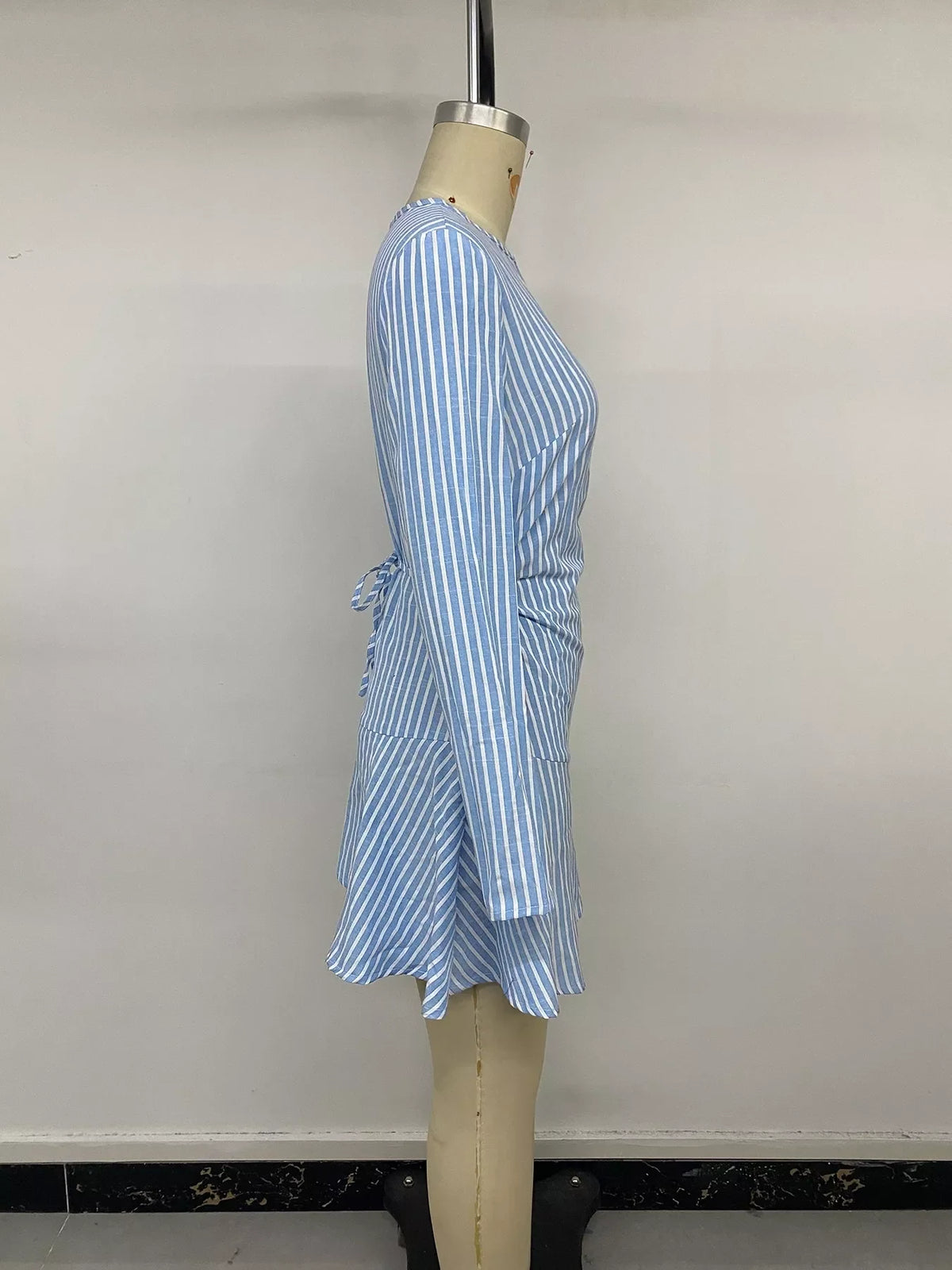Striped Long-Sleeve Ruched Mini Dress