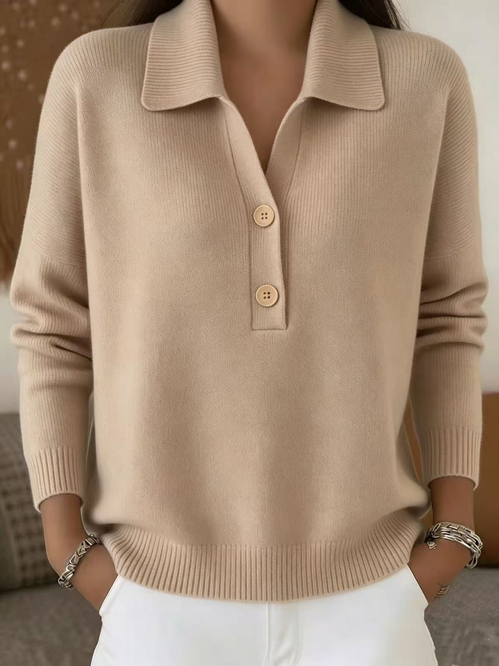 Button Lapel Sweater Women's Knitted Polo Neck Long Sleeve Pullover Top Casual Fall Winter Clothing