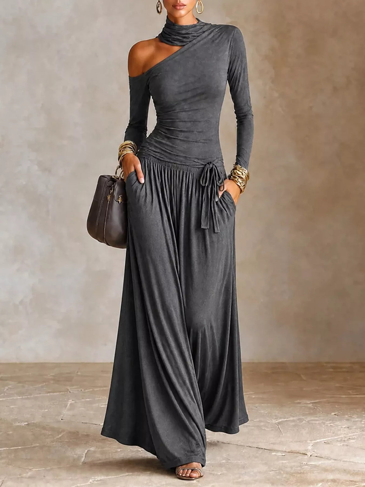 Asymmetric Cutout Long Sleeve Maxi Dress