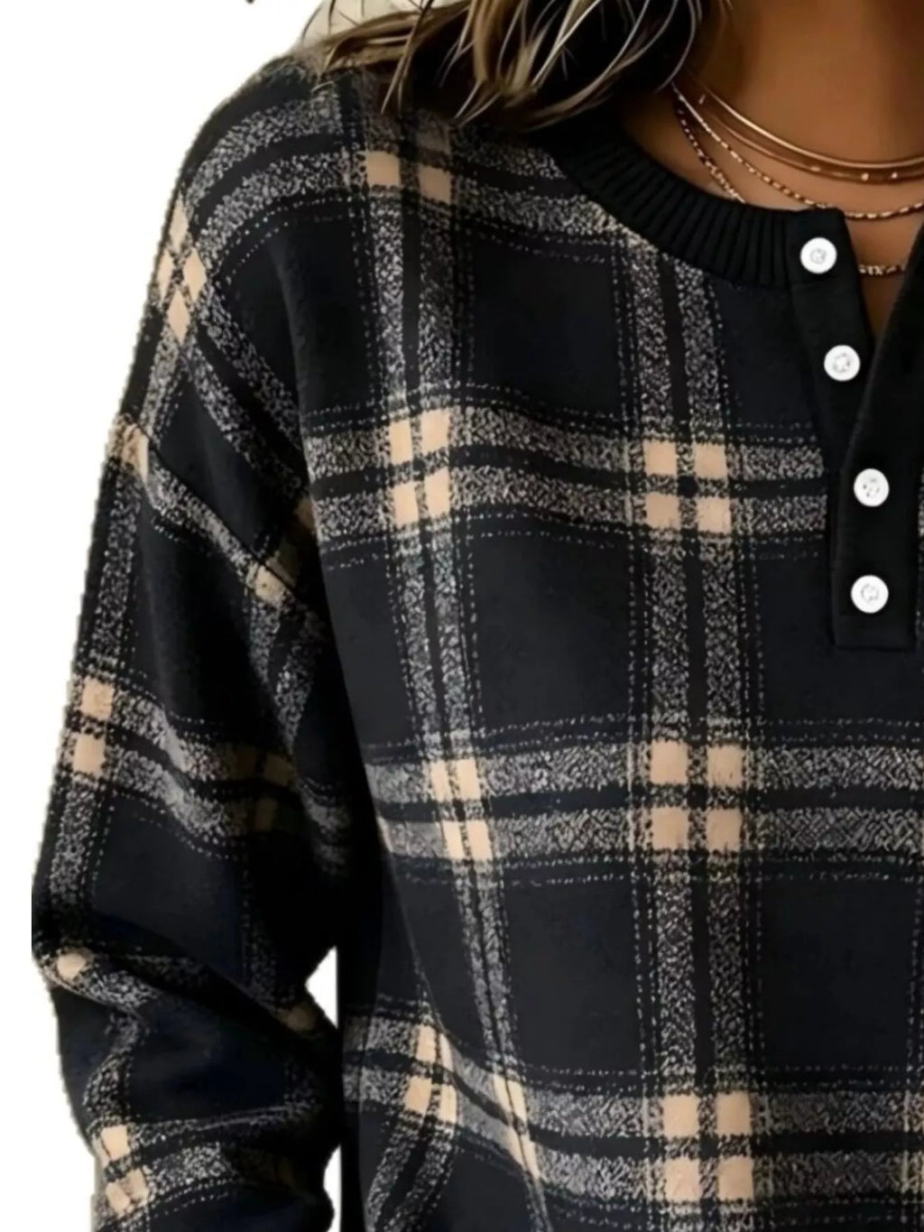 Full Size Plaid Button Detail Long Sleeve Sweatshirt Plus Size