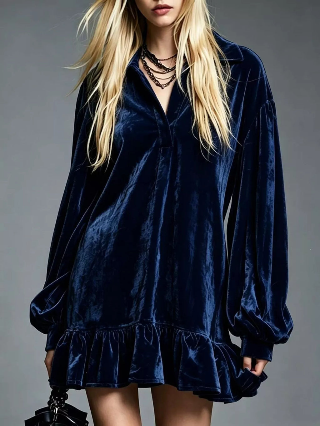 Full Size Velvet Long-Sleeve Ruffle Hem Mini Dress Plus Size