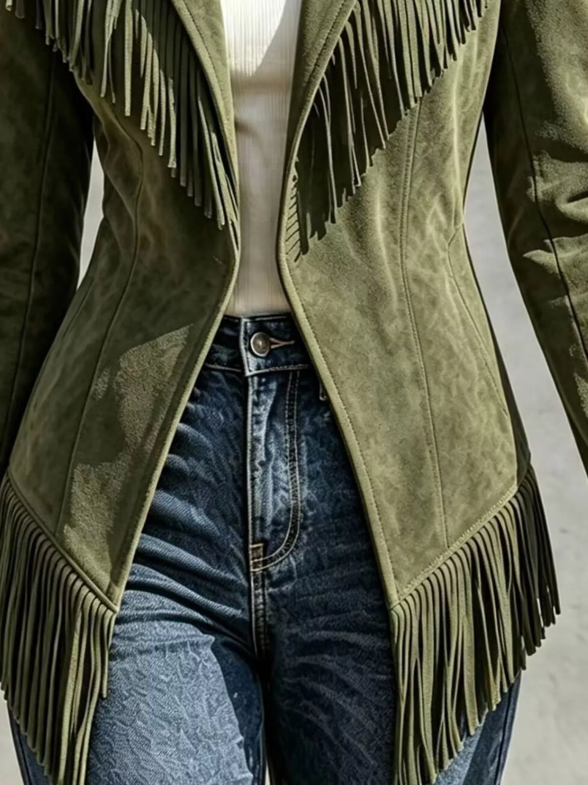 Western-Inspired Fringed Open Front Jacket