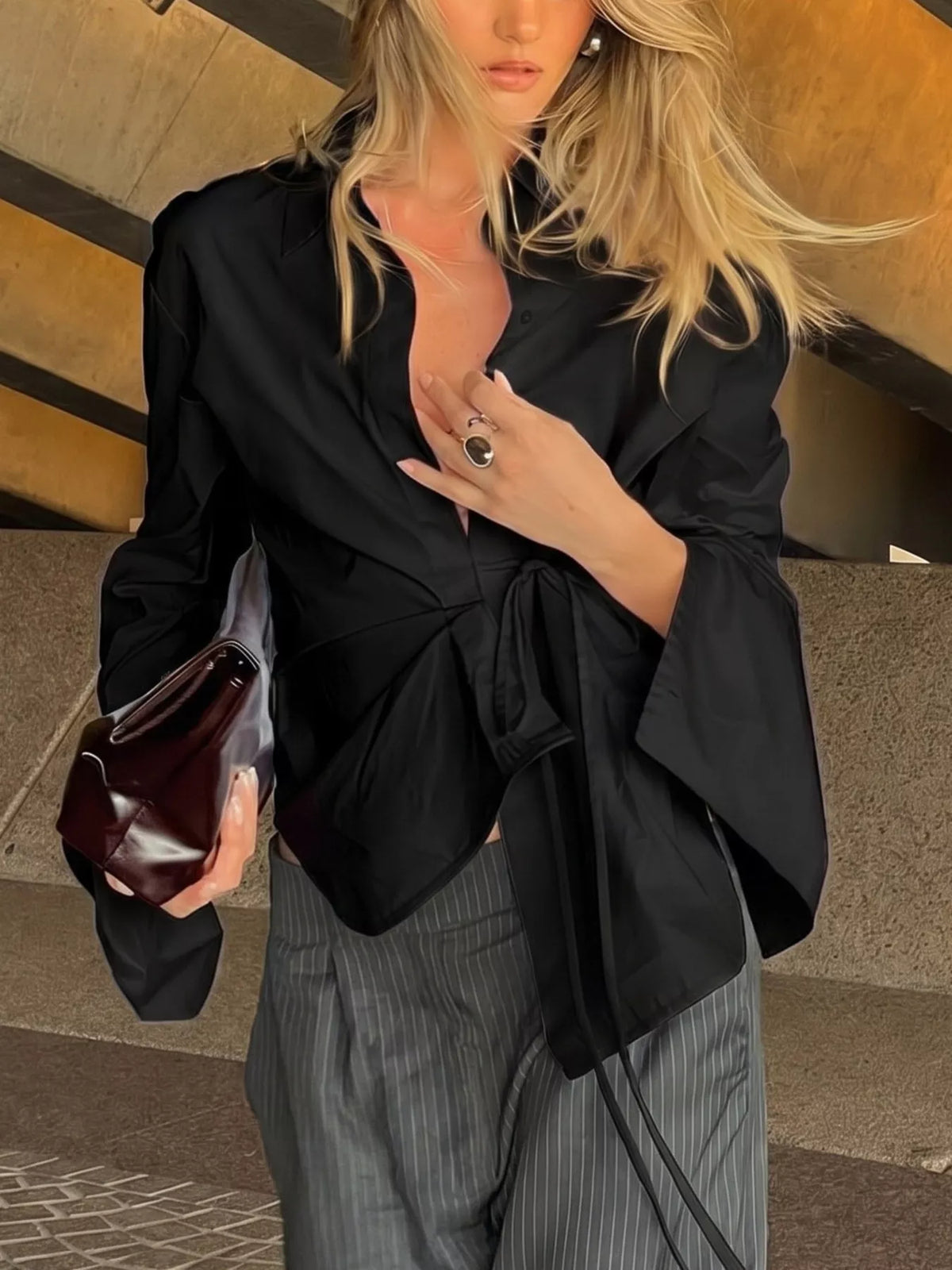 Tie-Waist Detail Wrap-Front Shirt