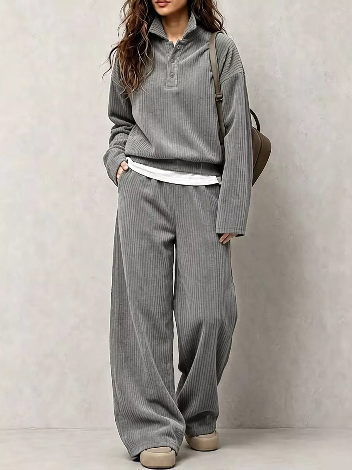 Corduroy Button Detail Top and Wide-Leg Pants Set