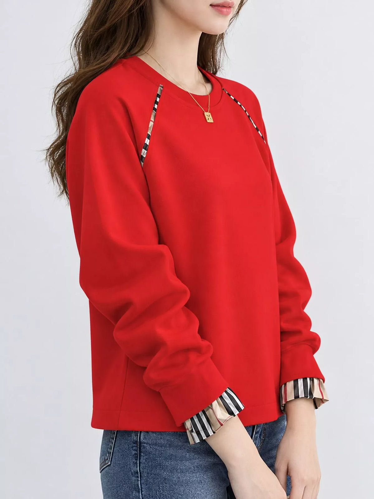 Plaid-Trimmed Crew Neck Sweatshirt