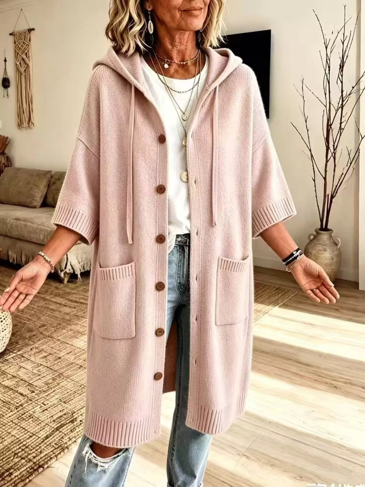 Hooded Button-Down Knit Cardigan with Pockets