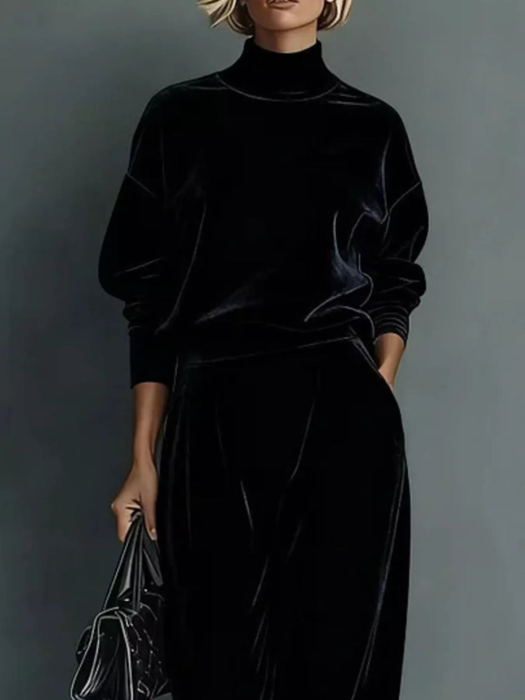 Full Size Elegant Velvet Mock Neck Long Sleeve Top and Wide-Leg Pants Set Plus Size