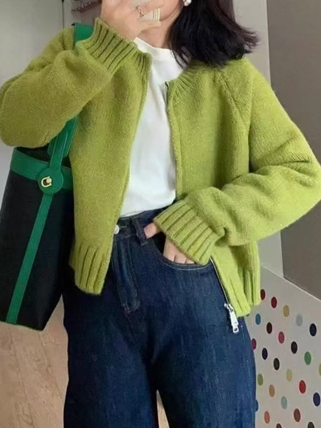 Ribbed Hem Zip-Up Cardigan
