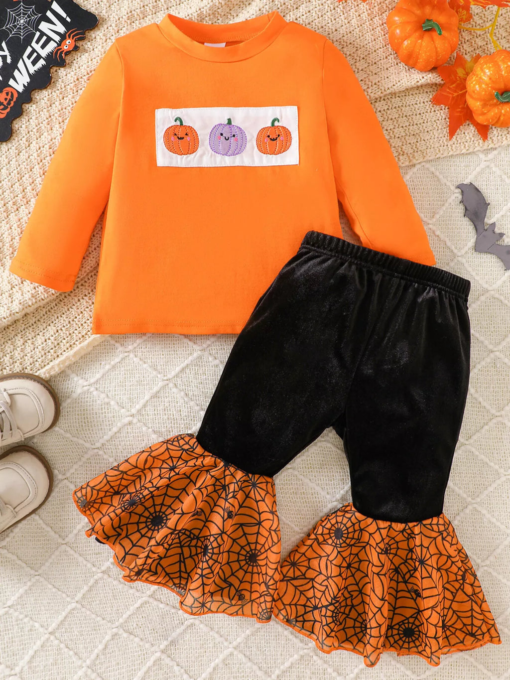 Children's Halloween Pumpkin Long Sleeve Top and Spiderweb Bell Bottom Set