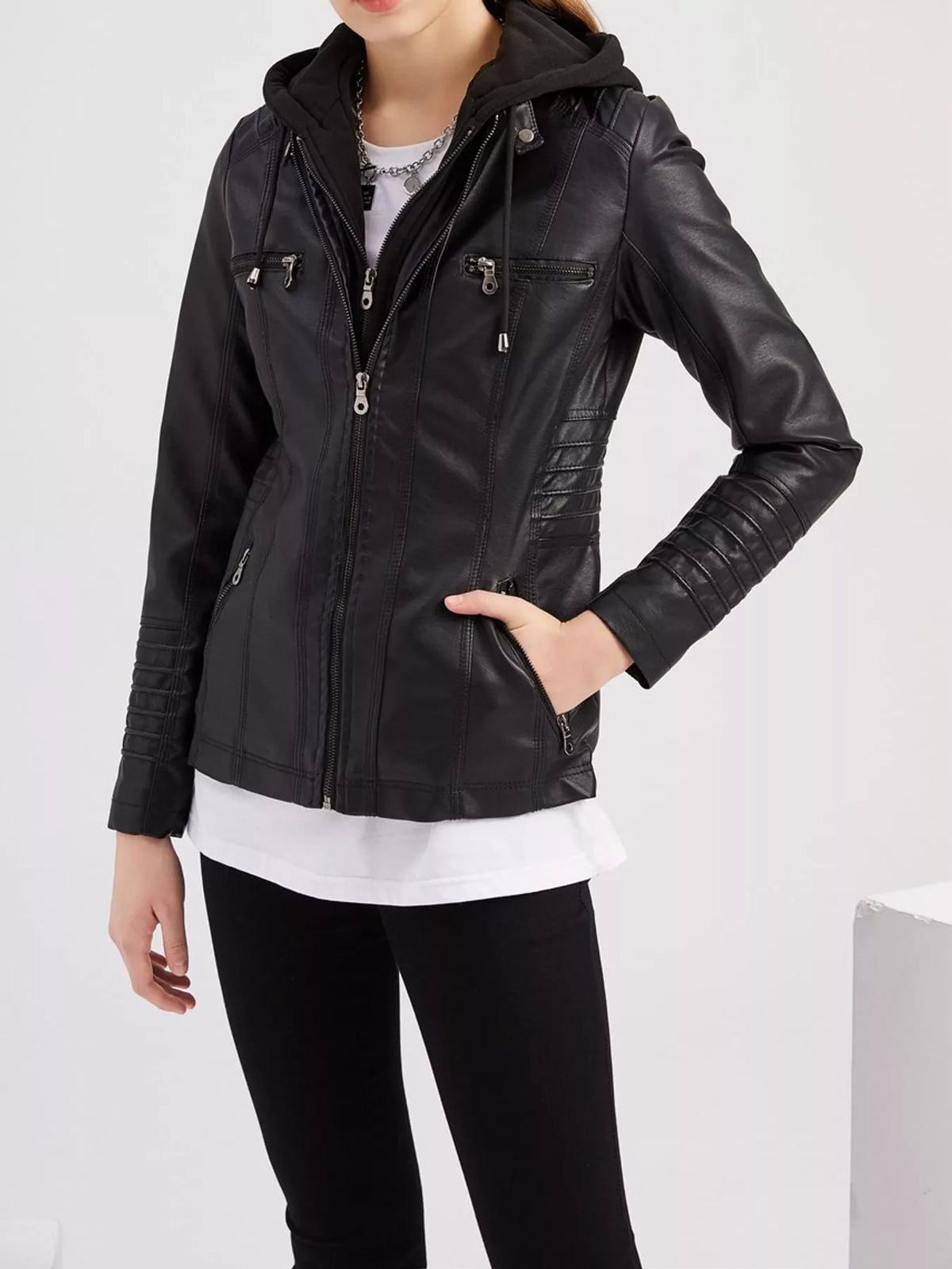 Full Size Detachable Hooded Faux Leather Moto Jacket Plus Size