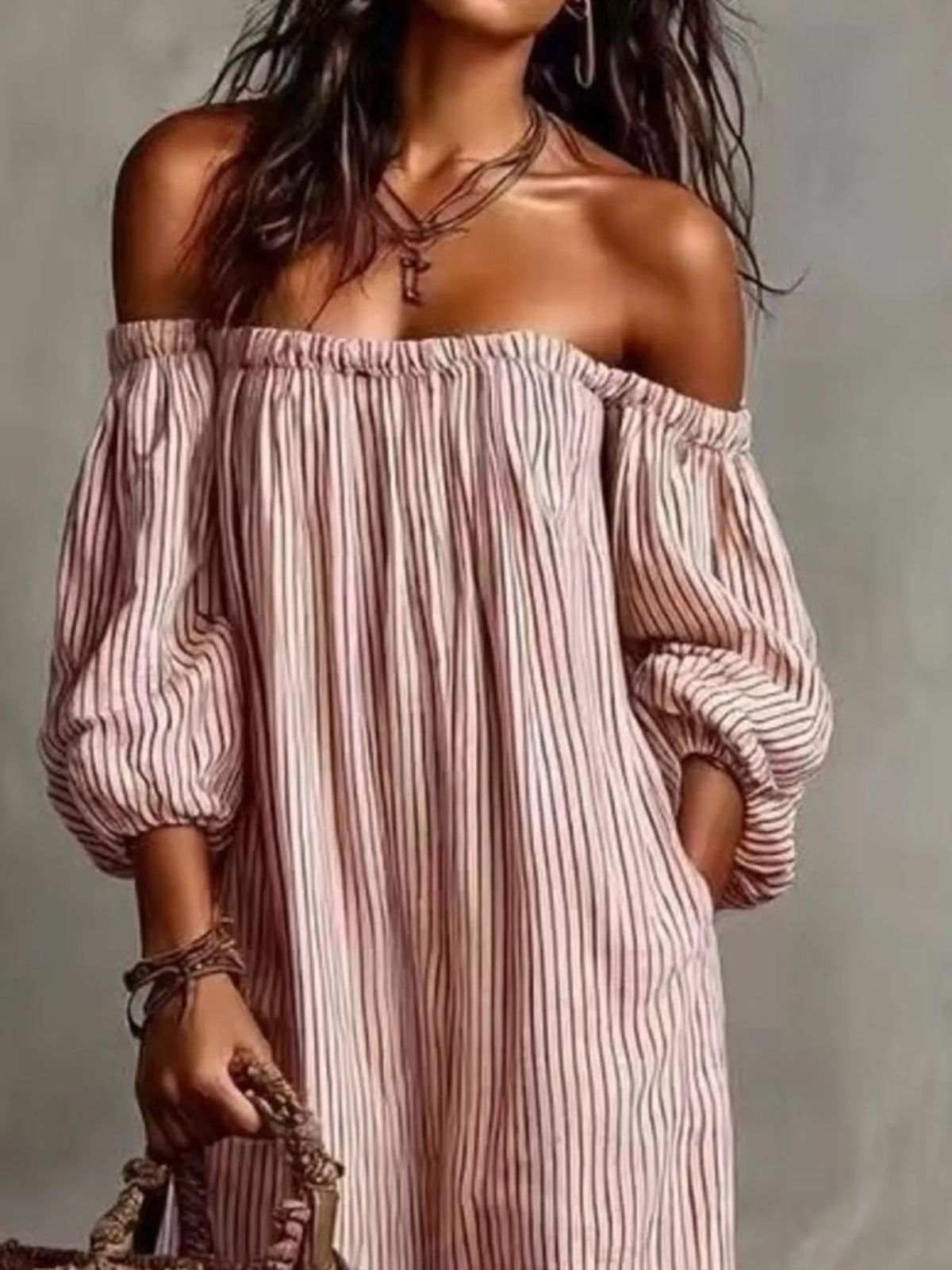 Full Size Off-Shoulder Striped Maxi Dress with Puff Sleeves Plus Size