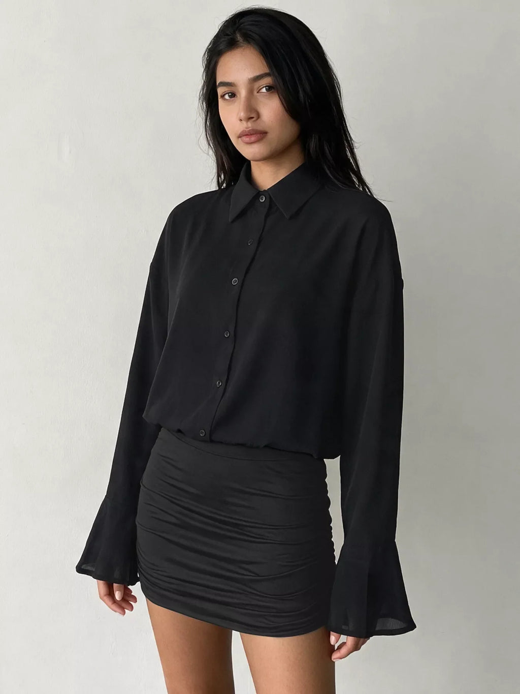 Button Front Flounce Sleeve Bodycon Shirt Dress