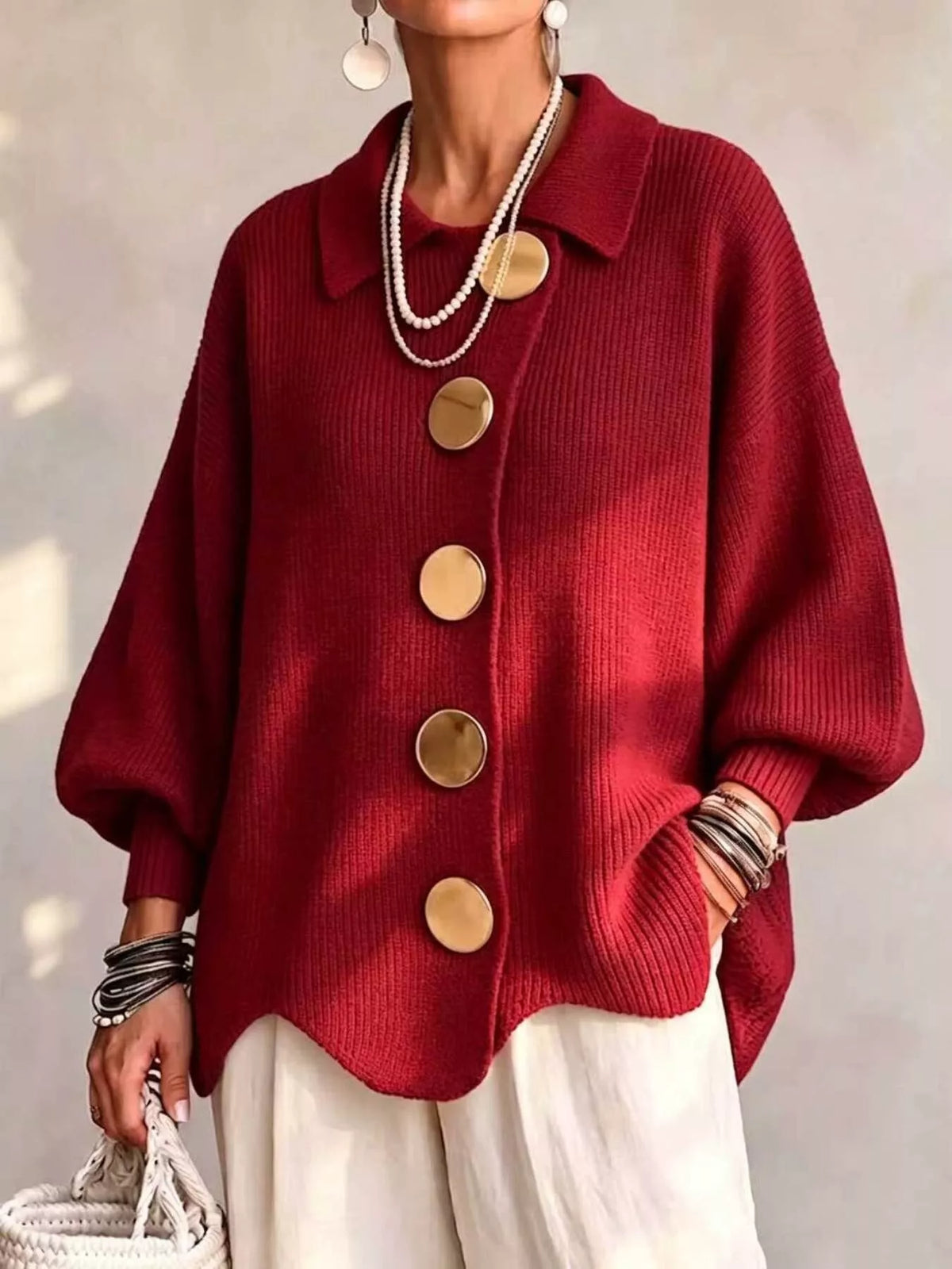 Full Size Gold Buttons Lantern Sleeve Cardigan Plus Size