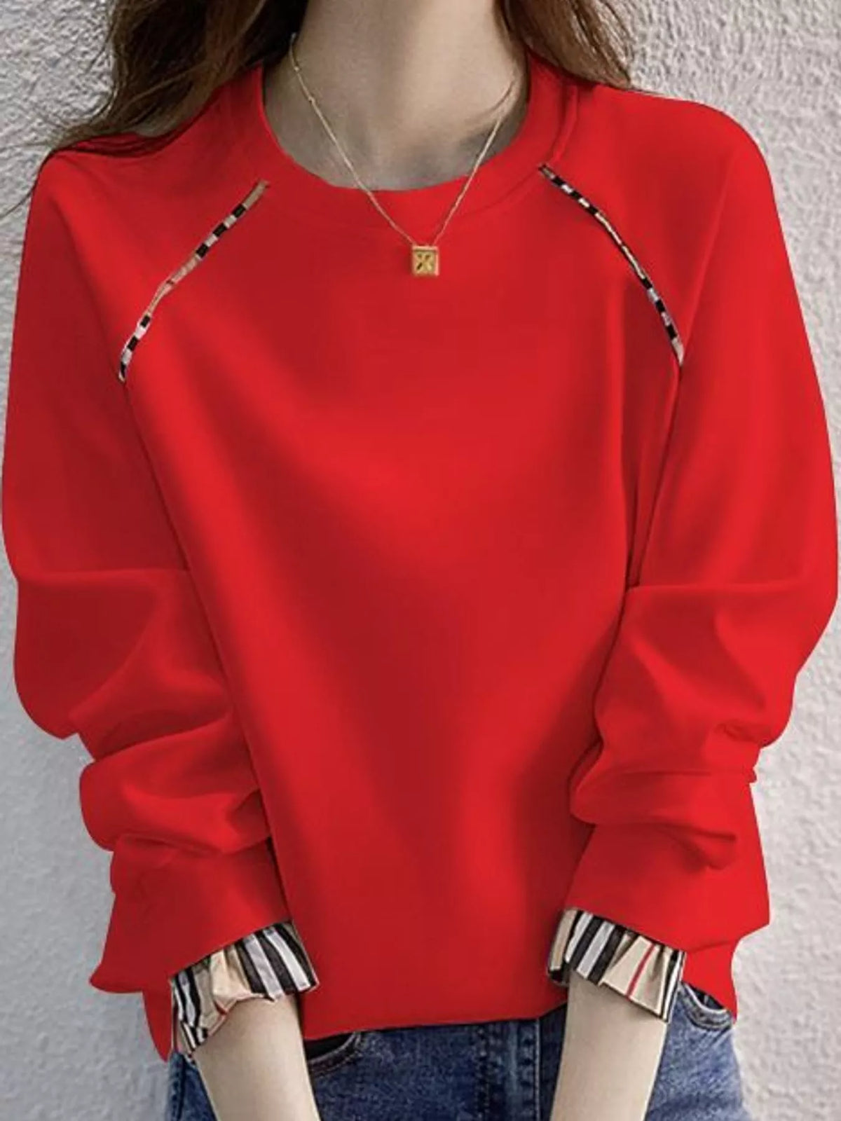 Plaid-Trimmed Crew Neck Sweatshirt