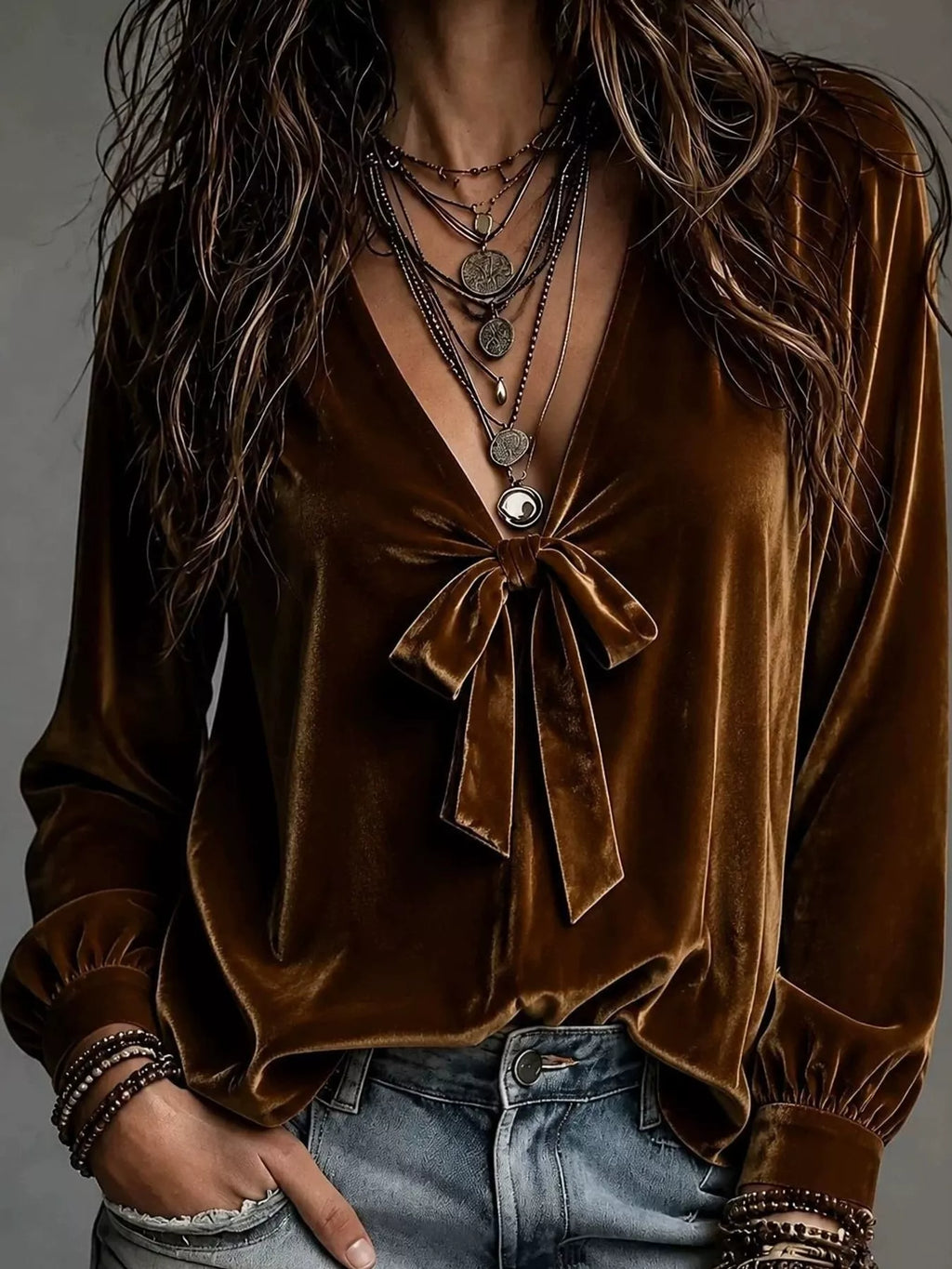 Front Bow Tie Detail V-Neck Top