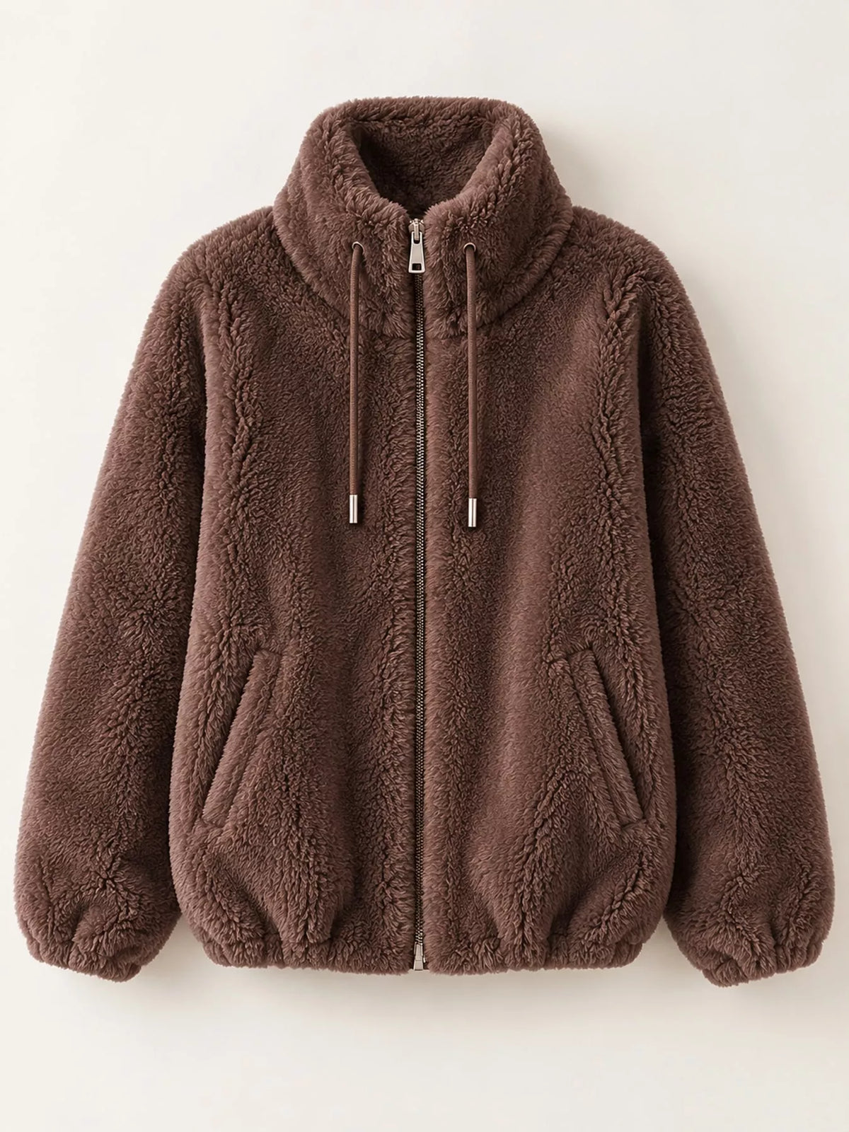 Full Size Drawstring Faux Fur Stand-Collar Zip-Up Outerwear Plus Size