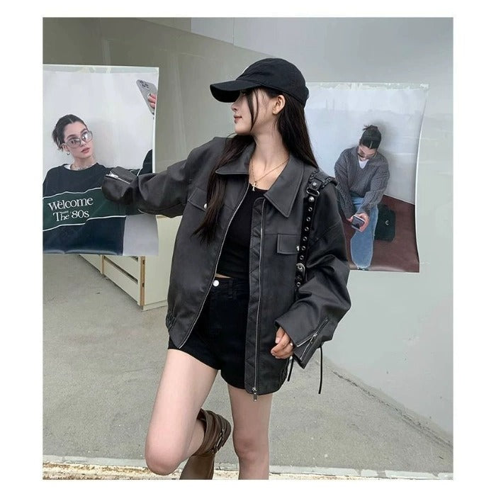 Women's Casual American Retro Solid Color Loose Leather Coat