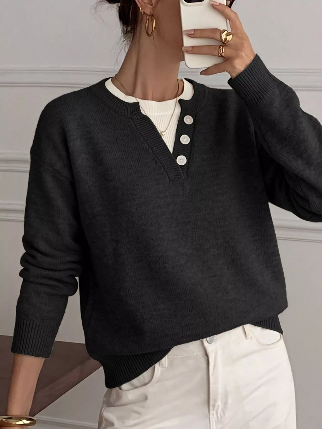 Decor Button-Placket Ribbed Knit Sweater