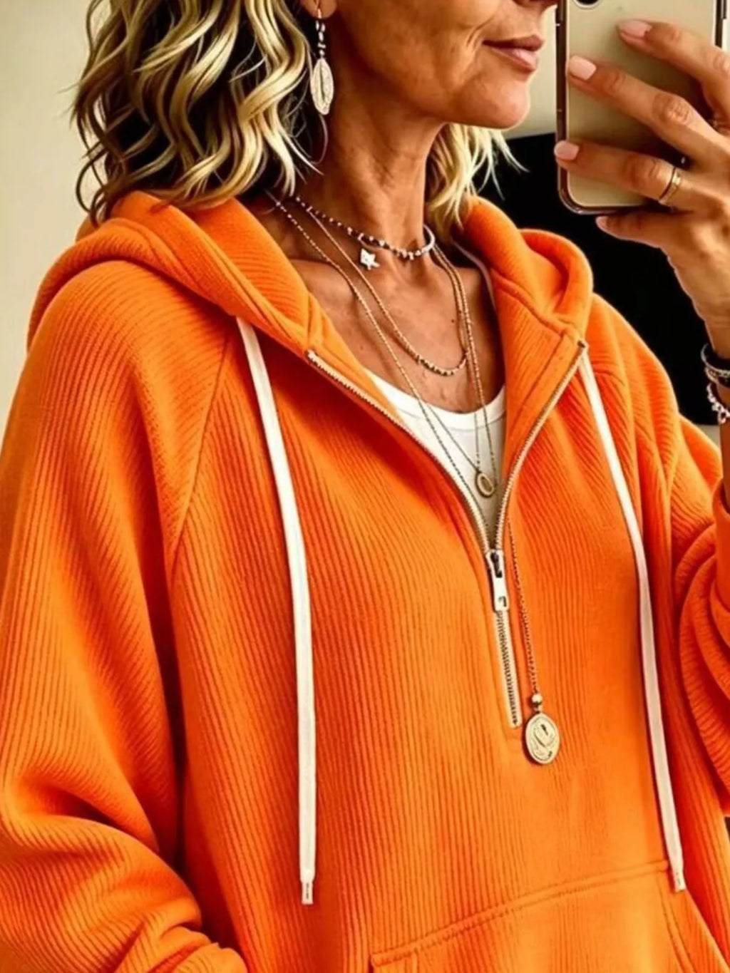 Ribbed Knit Quarter-Zip Hoodie with Kangaroo Pocket