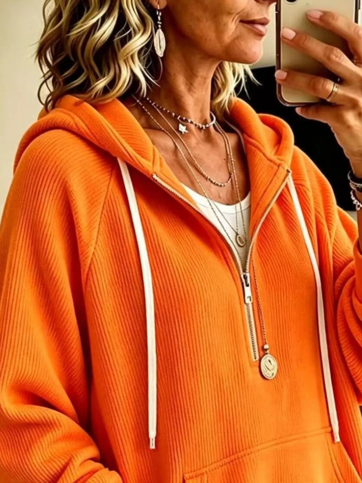 Ribbed Knit Quarter-Zip Hoodie with Kangaroo Pocket