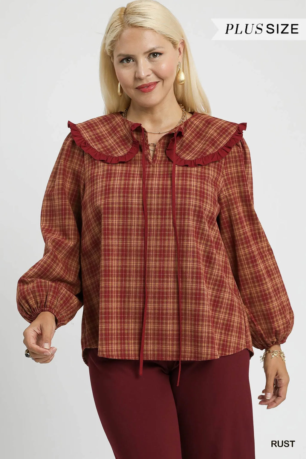 Plaid Ruffle Collar Blouse – Plus Size
