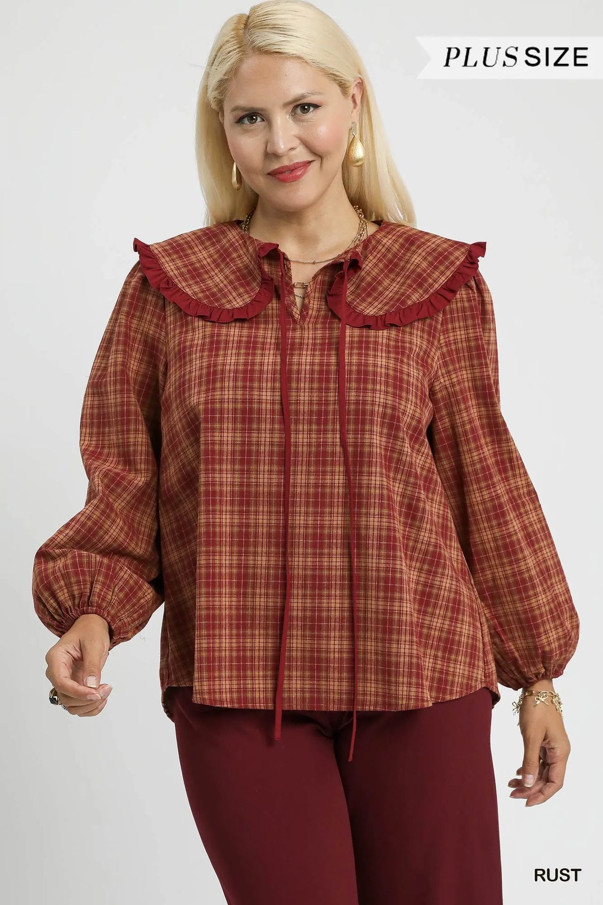 Plaid Ruffle Collar Blouse – Plus Size