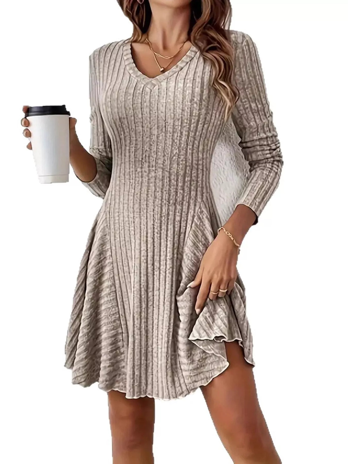 V-Neck Ribbed Knit A-Line Dress