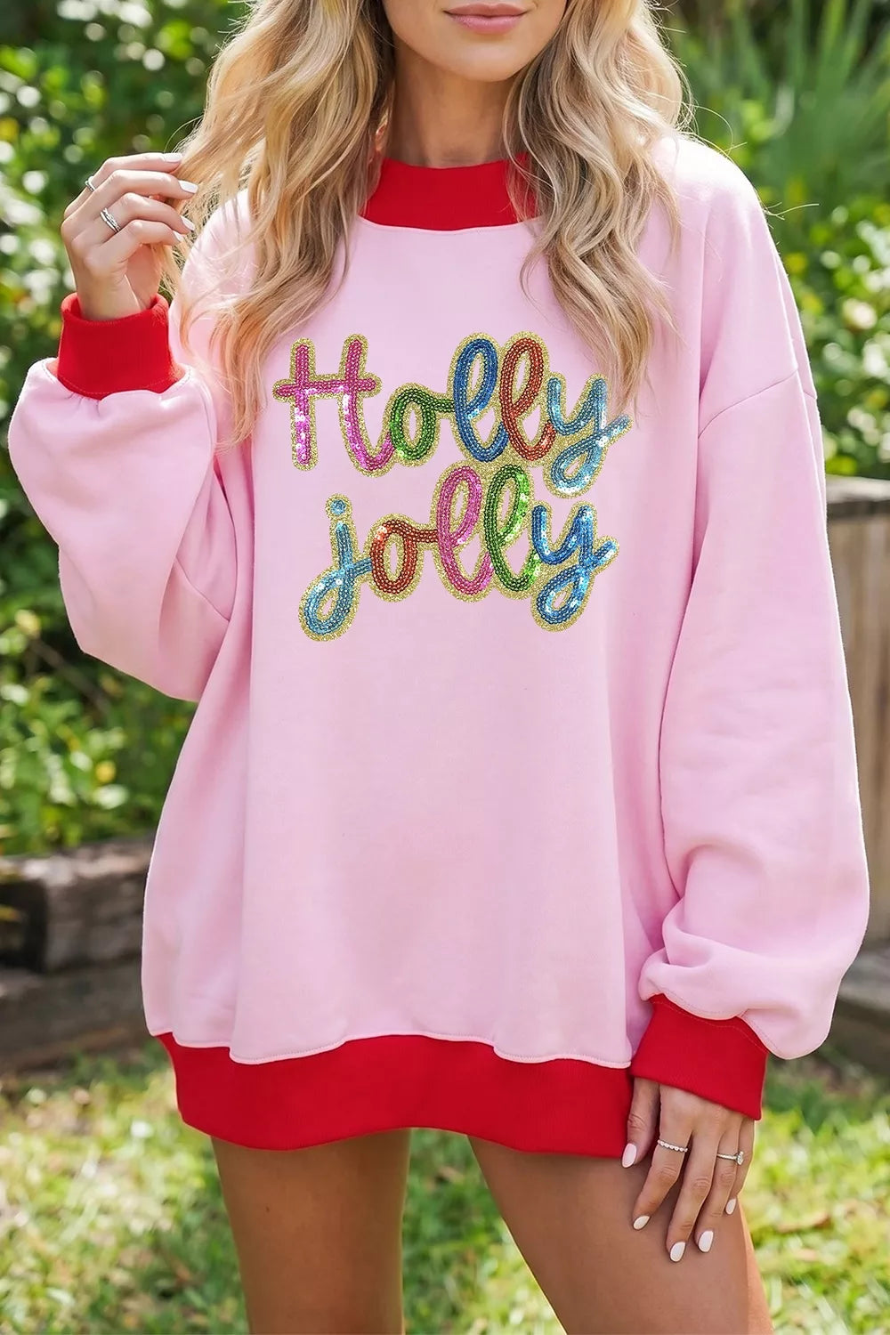 Holly Jolly Sequin Christmas Slogan Color Block Trim Mock Neck Sweatshirt