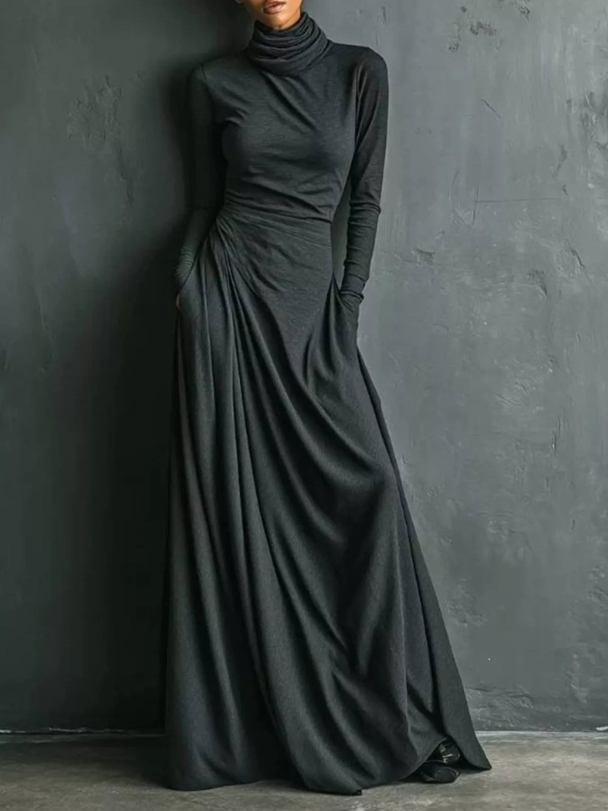 Turtleneck Long-Sleeve Draped Maxi Dress
