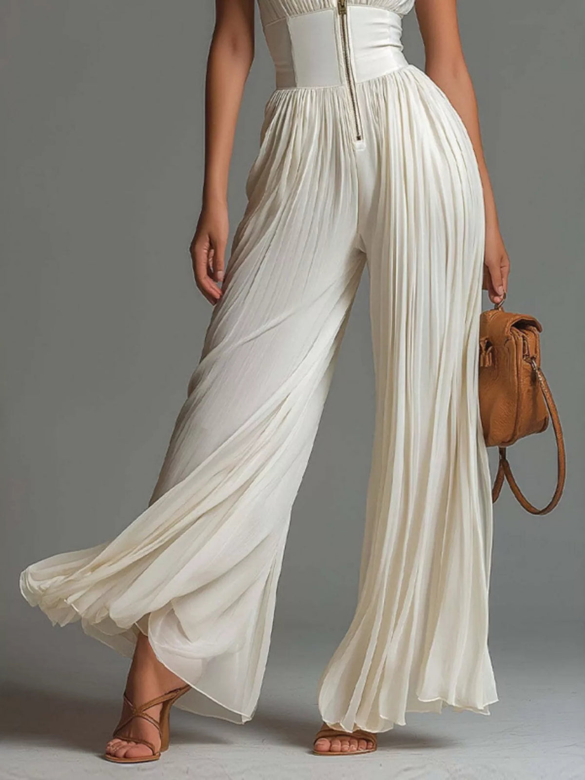 Sleeveless Pleated Wide-Leg Jumpsuit with Front Zipper