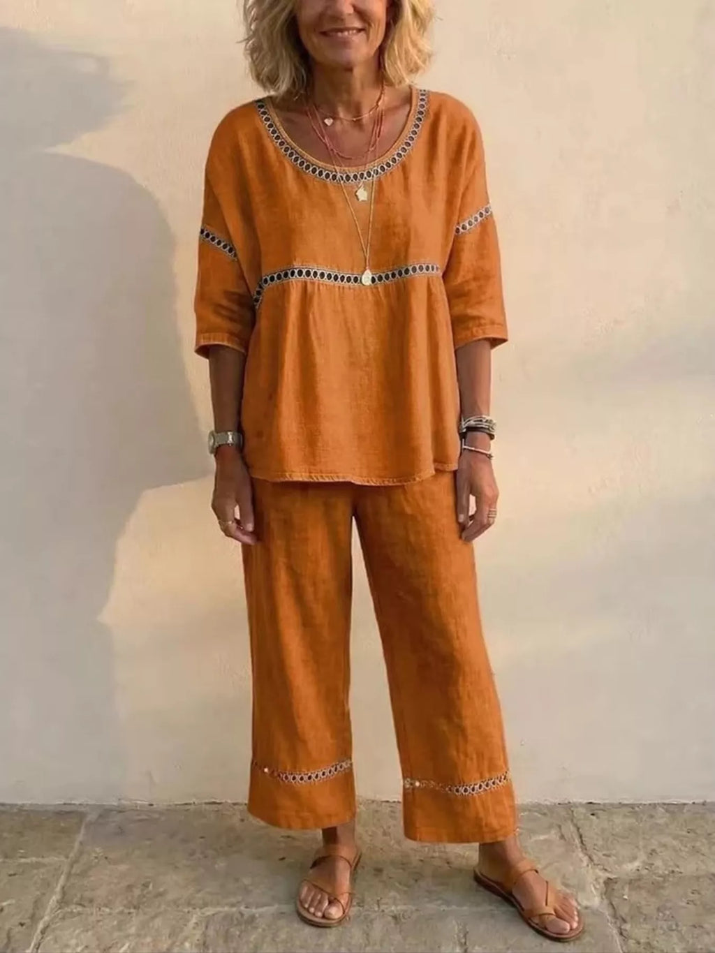 Full Size Hollow-Out Detailing Top and Pants Set Plus Size