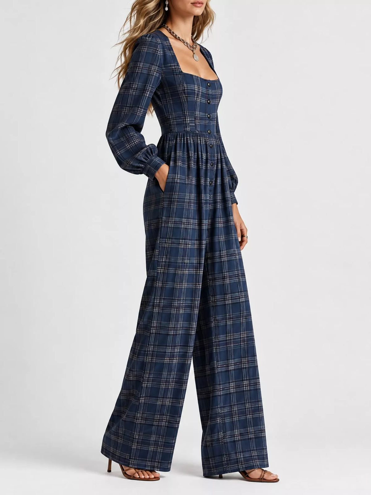 Plaid Square Neck Long Sleeve Wide-Leg Jumpsuit