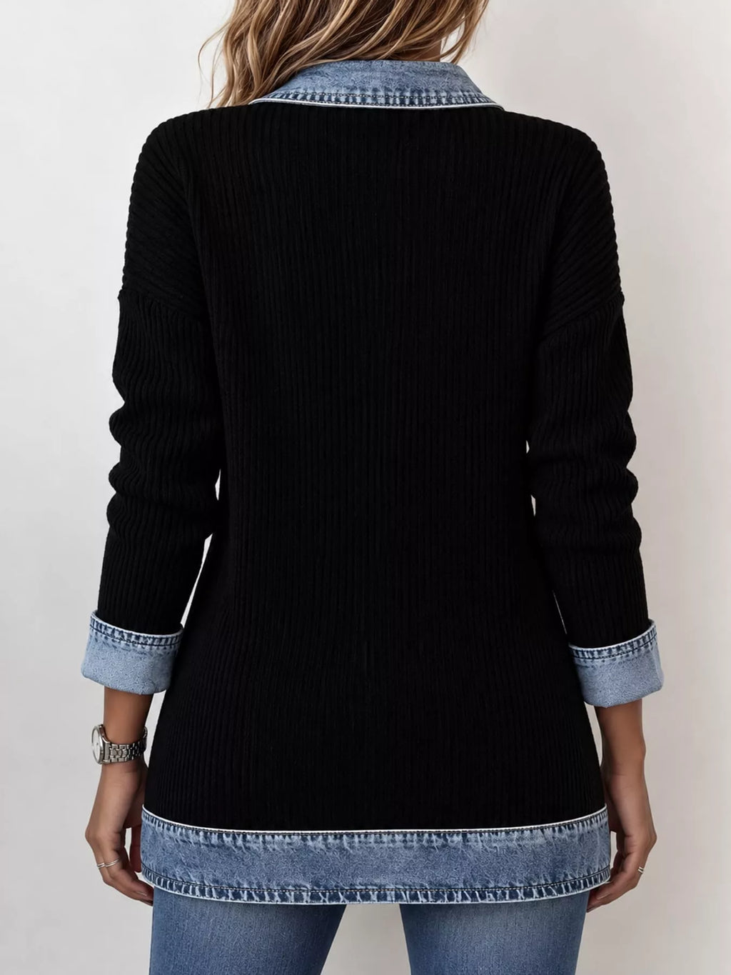 Full Size Denim Trim Ribbed Knit Cardigan Plus Size