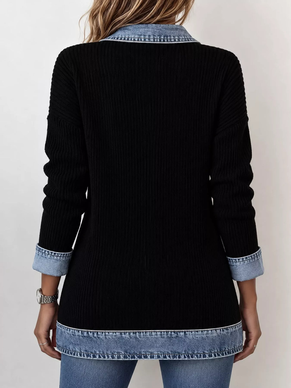 Full Size Denim Trim Ribbed Knit Cardigan Plus Size