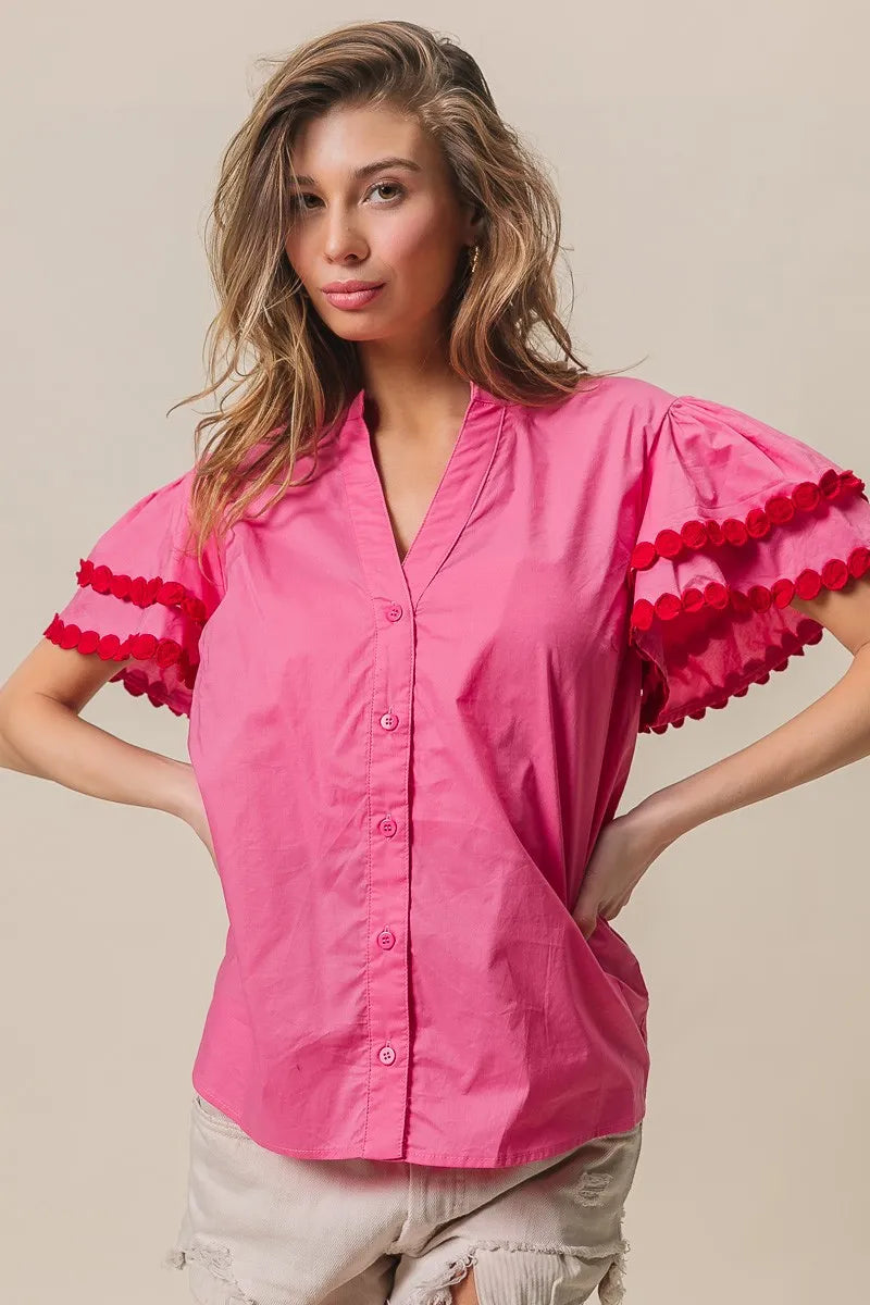 BiBi Dot Trim Flutter Sleeve Notched Top