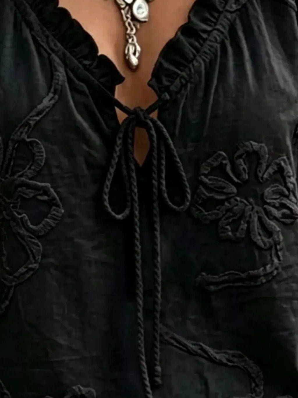 Full Size Flower Tie Front 3/4 Sleeve Blouse Plus Size