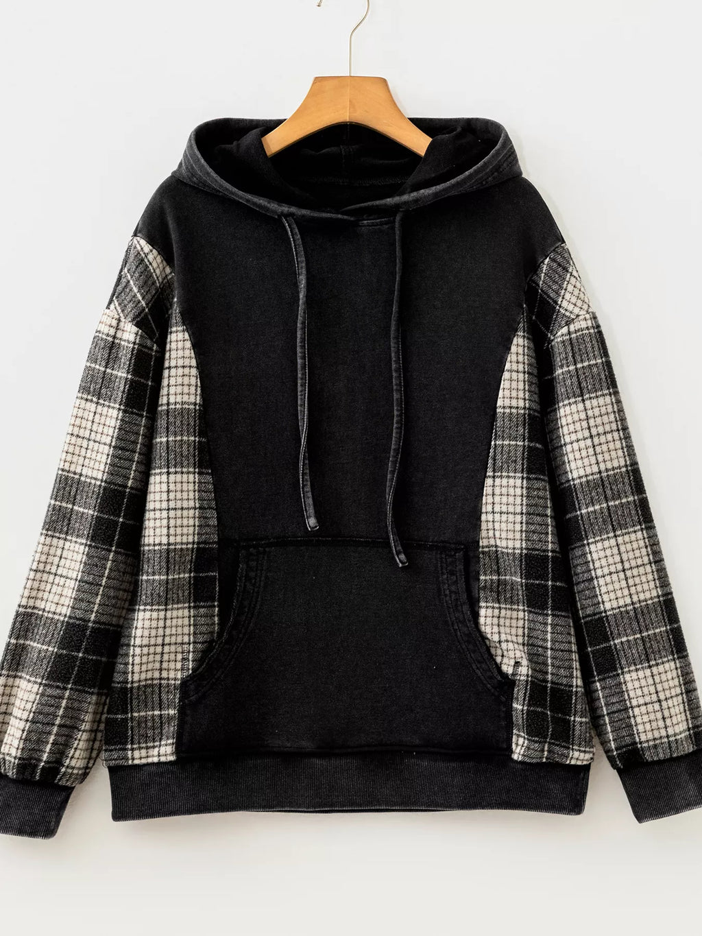 Plaid Sleeve Drawstring Pocket Hoodie