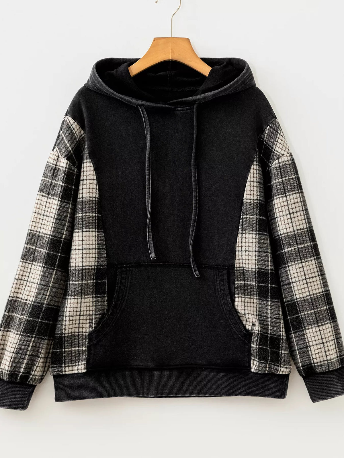 Plaid Sleeve Drawstring Pocket Hoodie