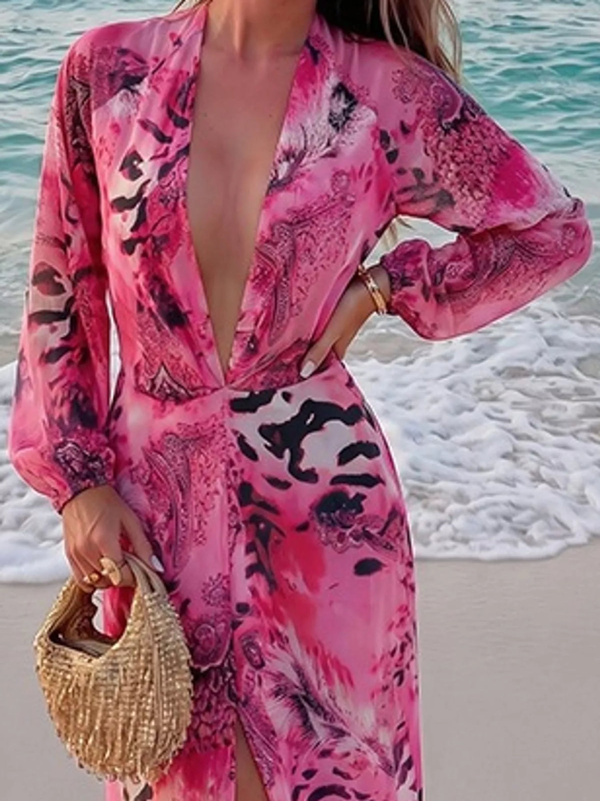 Deep V-Neck Long Sleeve Printed Maxi Dress
