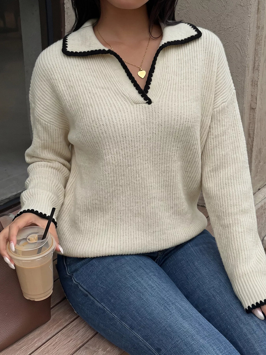 Contrast Trim Dropped Shoulder Sweater
